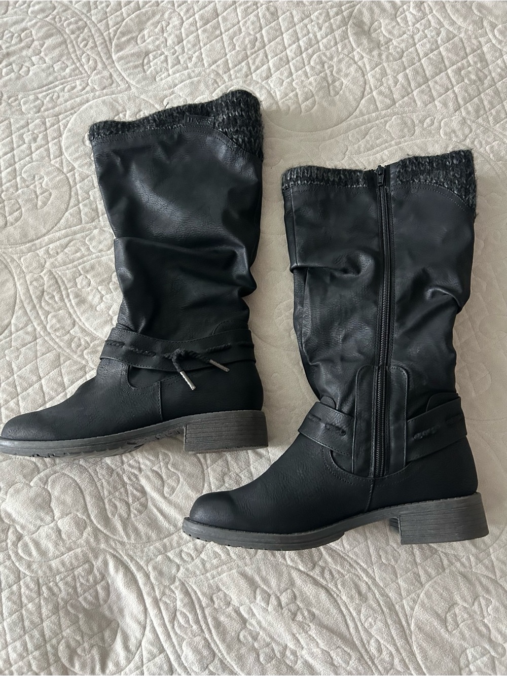 Muk Luks Black Mid-Calf Faux Leather Riding Boots with Knit Cuff